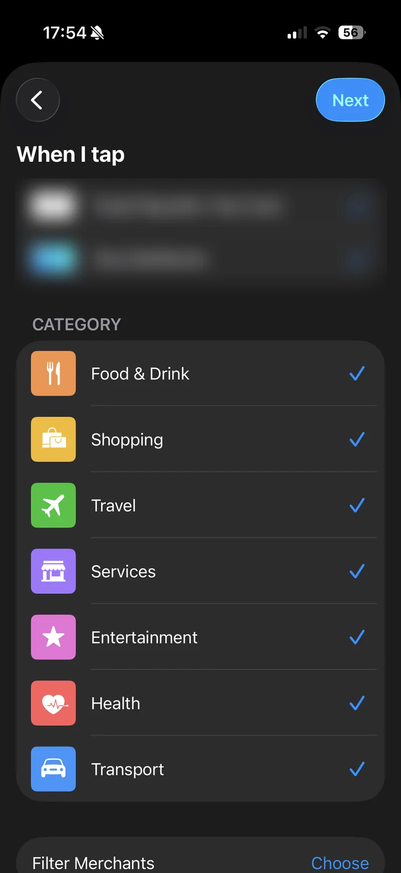 Selecting which Wallet cards and categories the automation watches