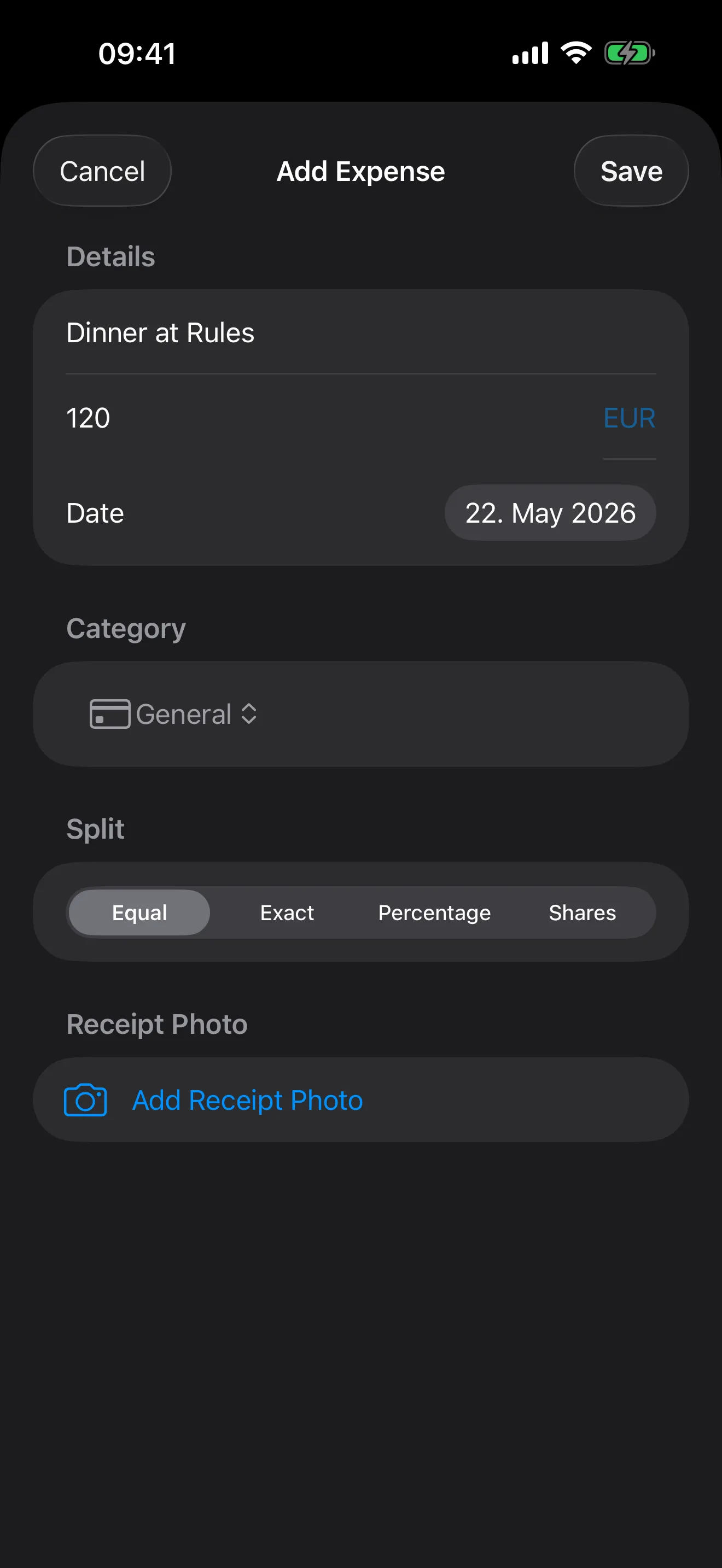 Adding an expense with amount, description, and split