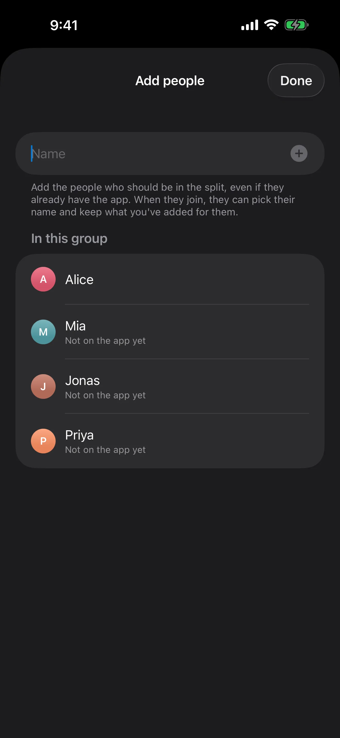 The Add people sheet for Festival Weekend, with Alice, Mia, Jonas, and Priya listed as tracked in Splitsies