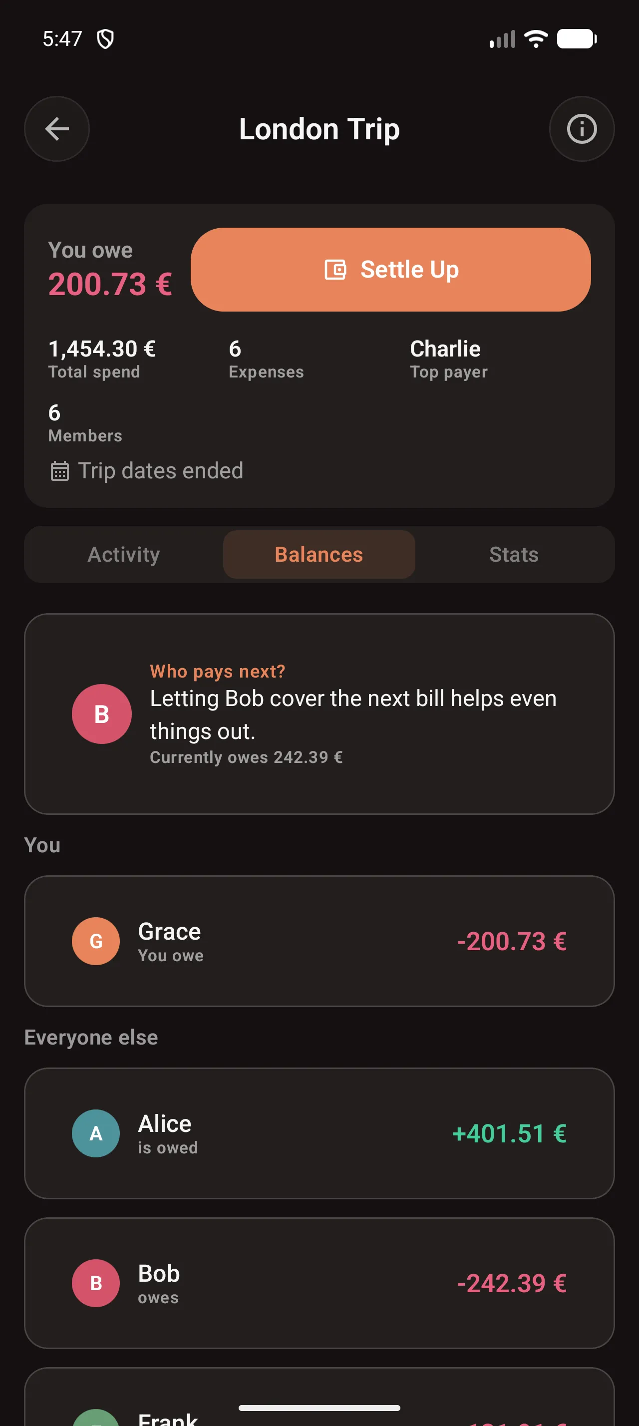 The balances tab on Android showing a 'Who pays next?' card suggesting Bob covers the next bill, with individual balances below