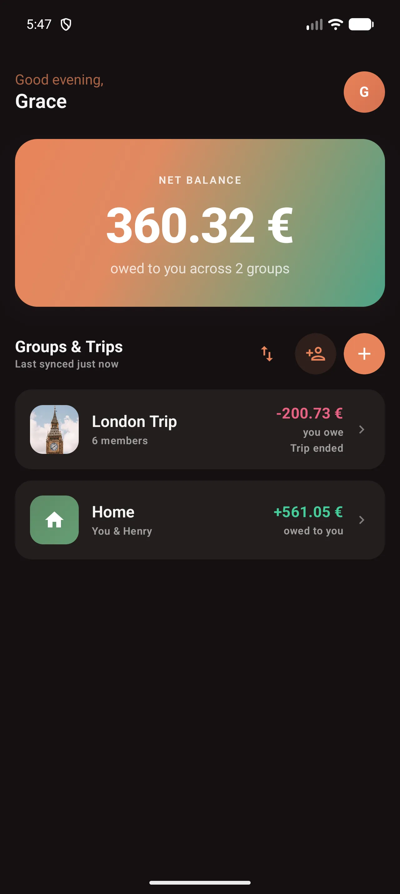 The Android home screen showing a London Trip card with a negative balance and a Home group below it