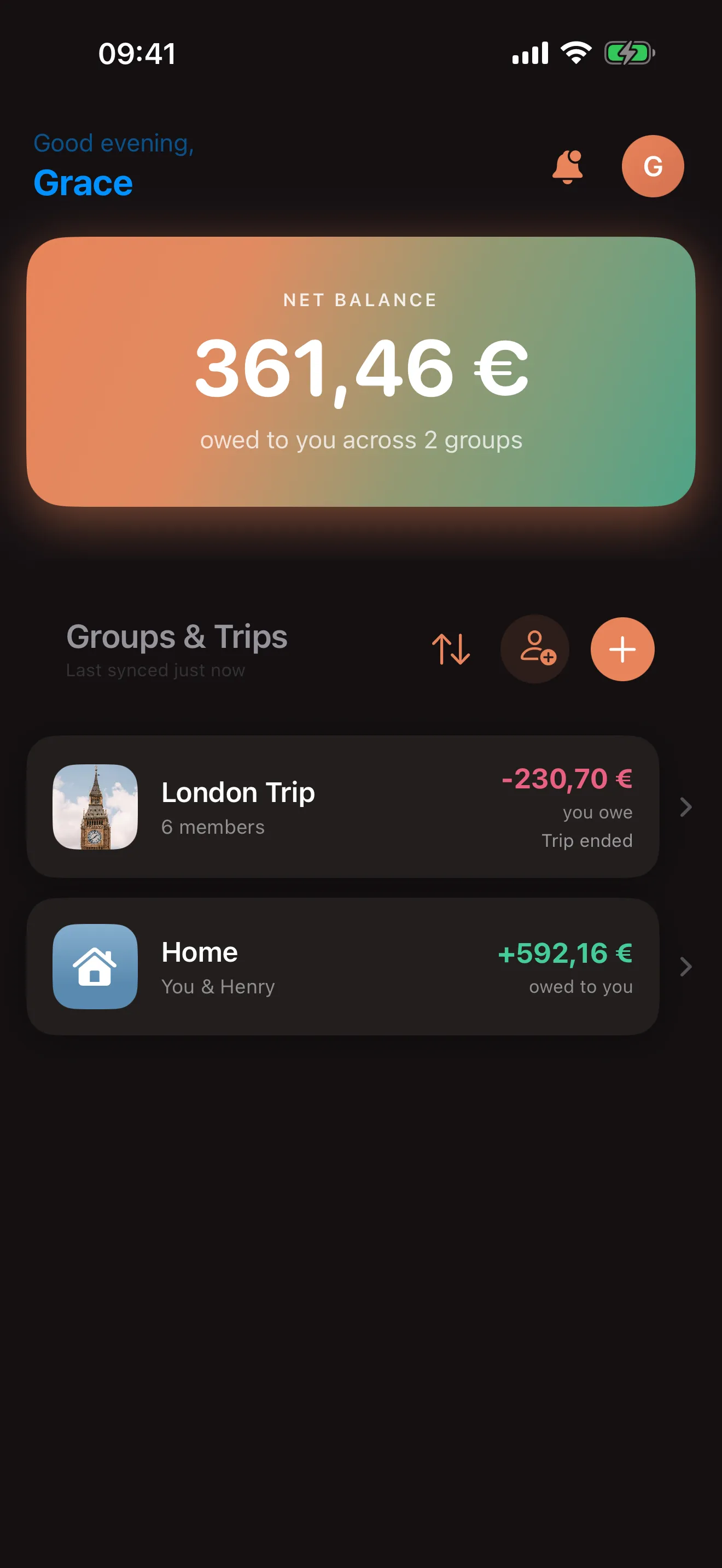 Splitsies home screen with net balance and groups list