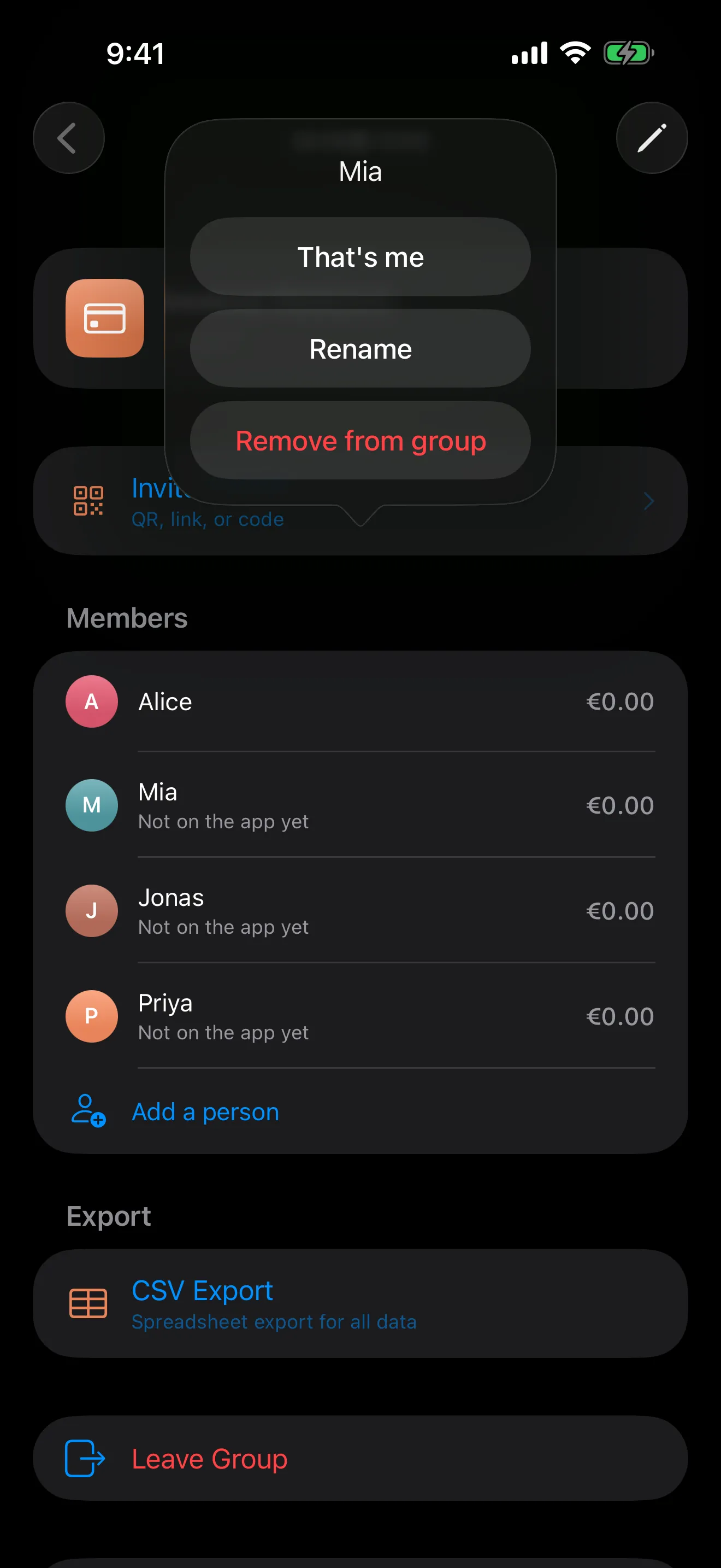 A tracked person menu for Alice with That's me, Rename, and Remove from group actions