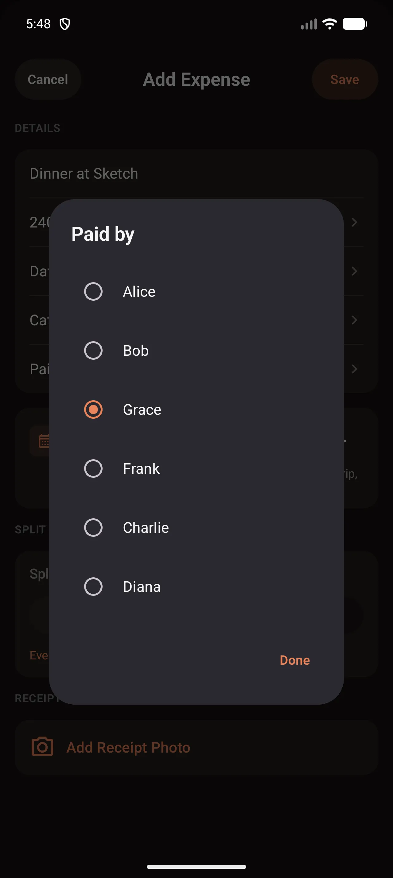 The payer picker sheet on Android showing group members as radio buttons, with Grace selected
