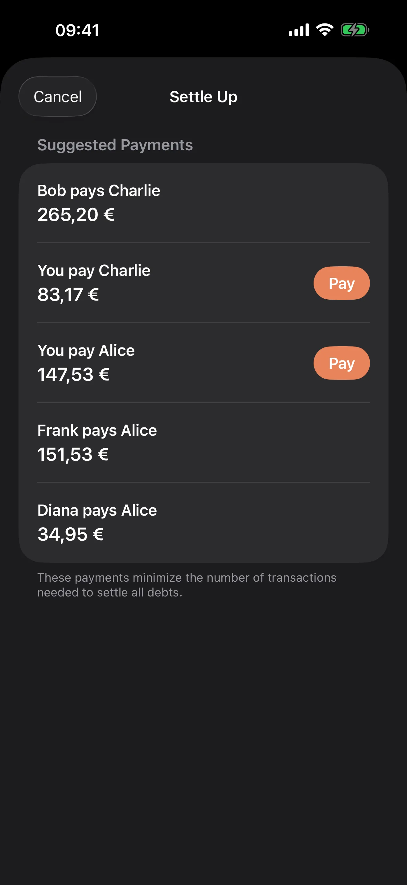 Settle-up screen showing who owes whom