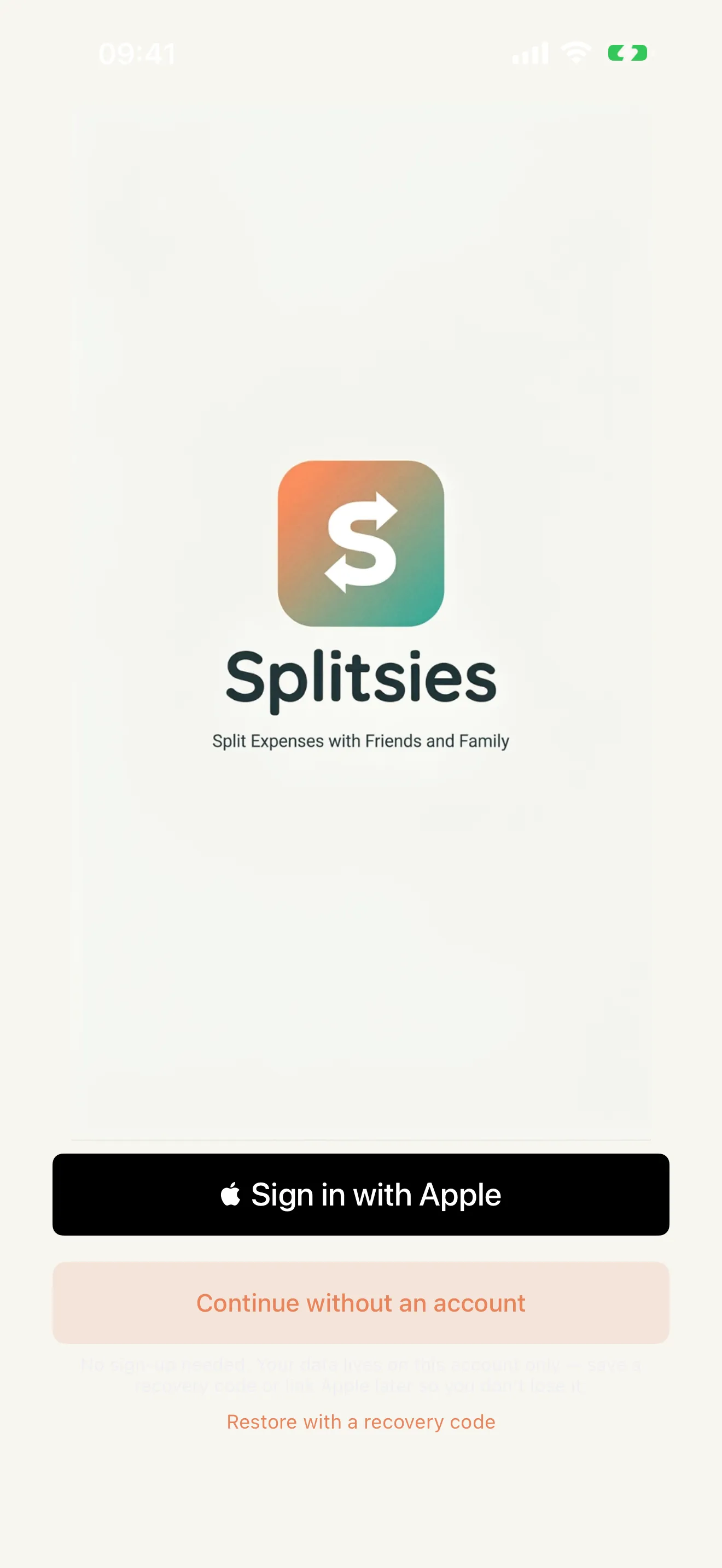 The Splitsies sign-in screen showing Sign in with Apple, Continue without an account, and Restore with a recovery code